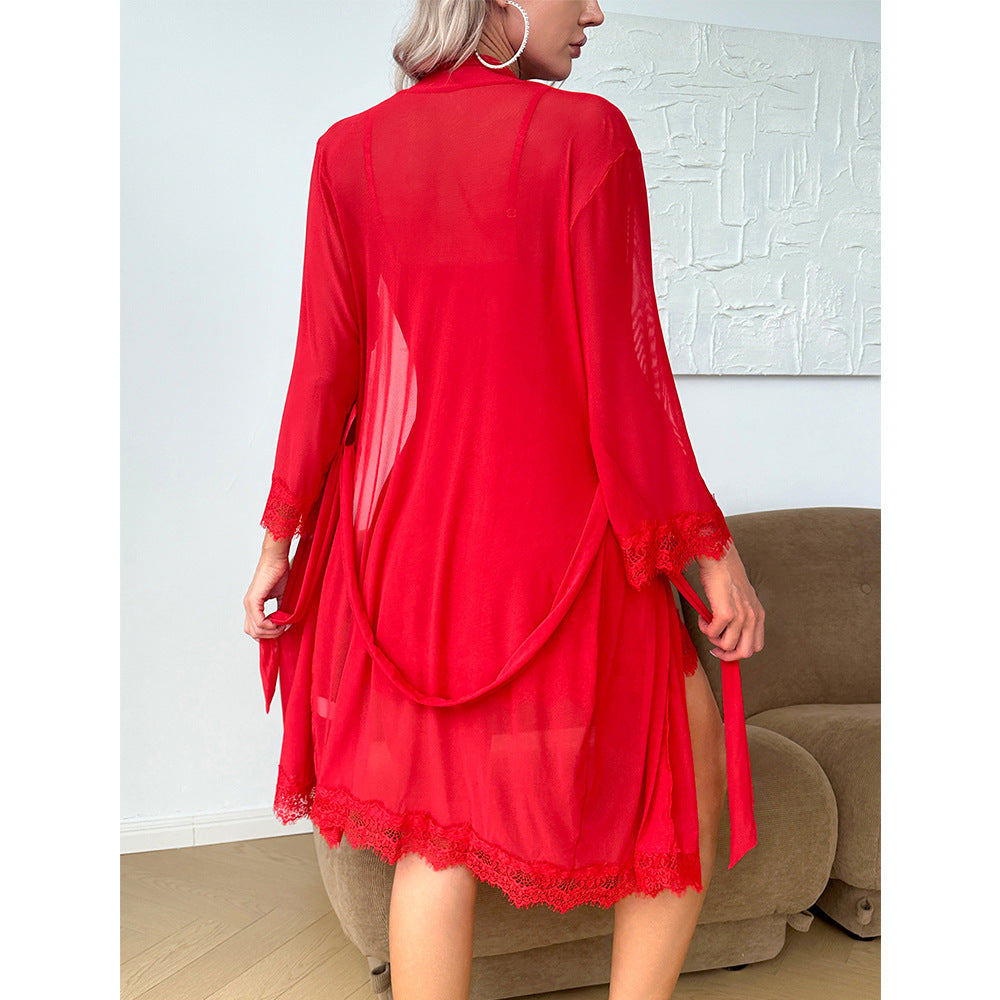 Lace Night Sleepwear Pajamas Set Casual Nightgown Loungewear Three Piece Set