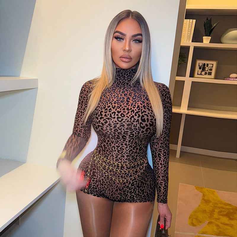 Women's Turtleneck Leopard Print Romper