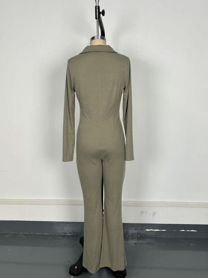 Polo Collar Knitted Long Sleeved Jumpsuit for Women