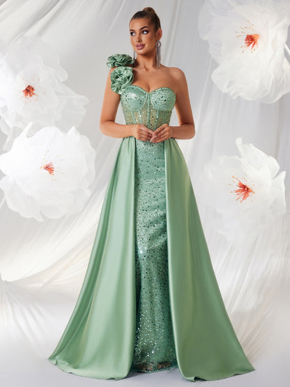 "The Socialite" Elegant Green Tube Top One Shoulder Evening Dress Three Dimensional Floral Pattern