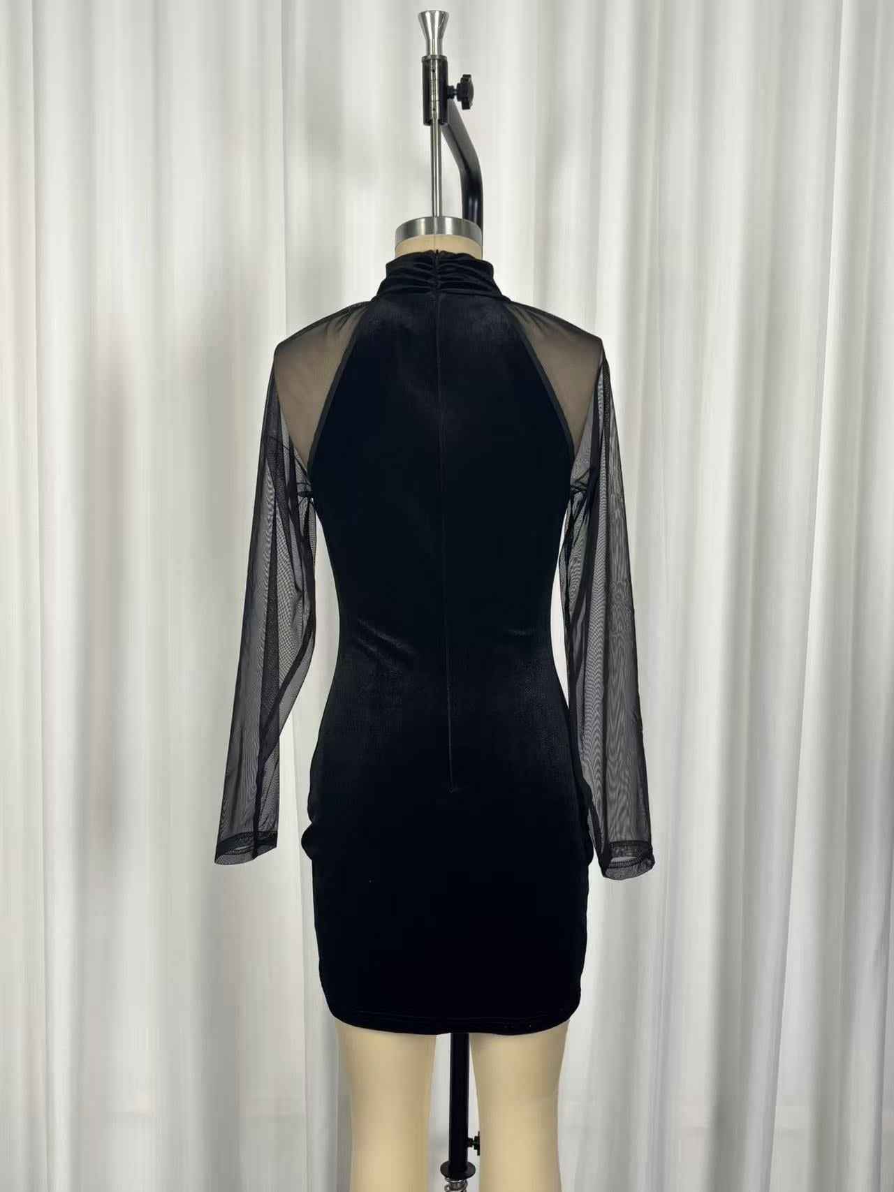 Elegant Slim Long Sleeve Sheer Mesh Cocktail Evening Dress