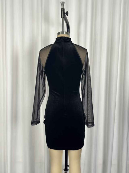 Elegant Slim Long Sleeve Sheer Mesh Cocktail Evening Dress