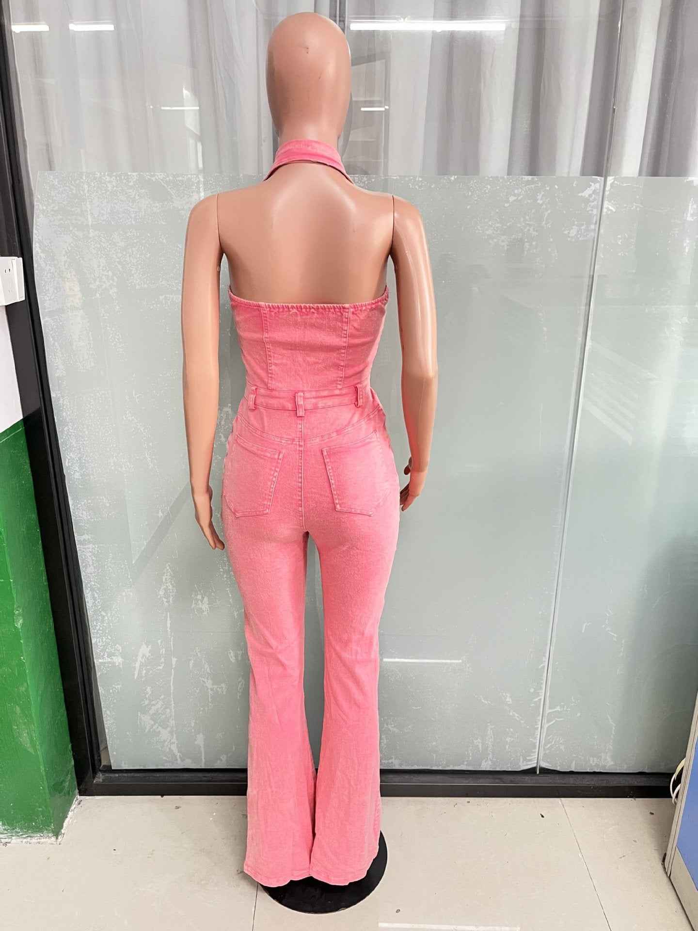 Denim Sexy Backless Collared Jumpsuit
