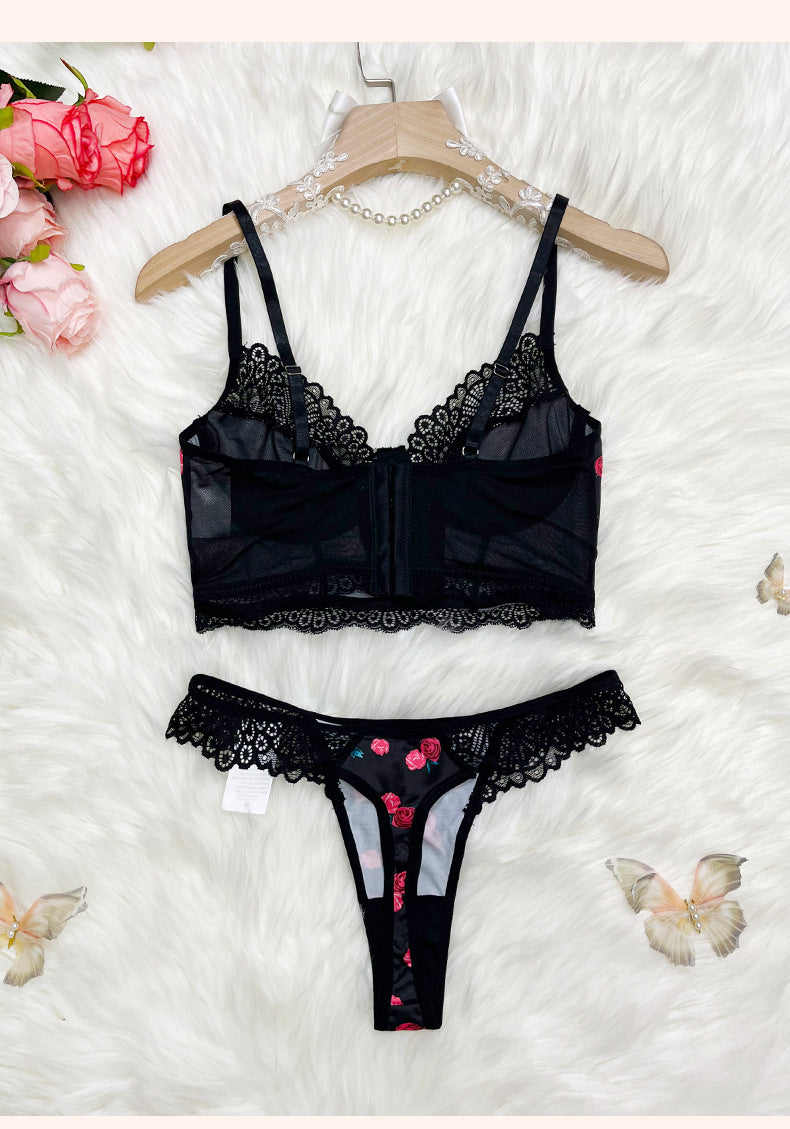 Rose Printed Lace Underwear Set Push up Lingerie