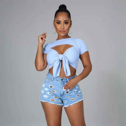 Solid Color Ripped High Waist Stretch Women's Bottoms