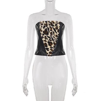 Leopard Fur Stitching Leather Hip Skirt Two Piece Set