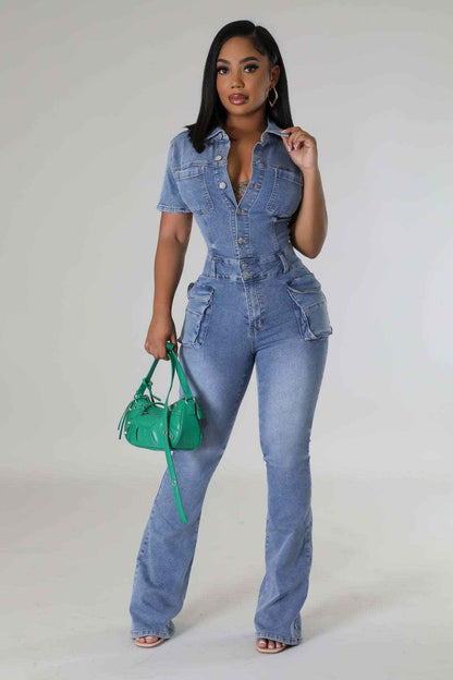 Floral Wash Denim Jumpsuit