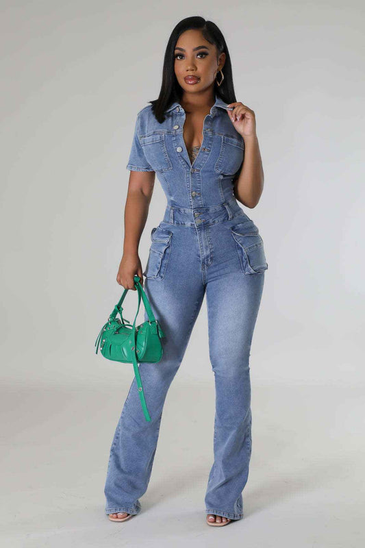 Floral Wash Denim Jumpsuit