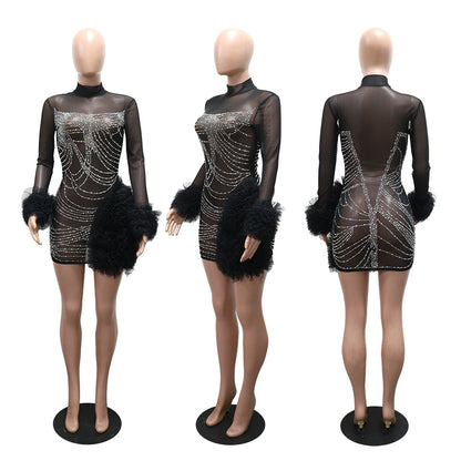 See through Rhinestone Sheath Long Sleeve Dress New Arrivals