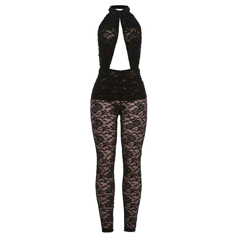 Sexy Lace Stitching Halter Backless Slim Fit Jumpsuit
