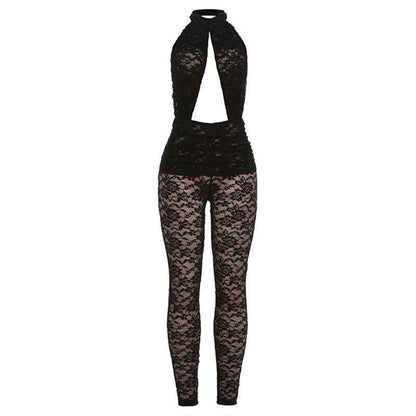 Sexy Lace Stitching Halter Backless Slim Fit Jumpsuit