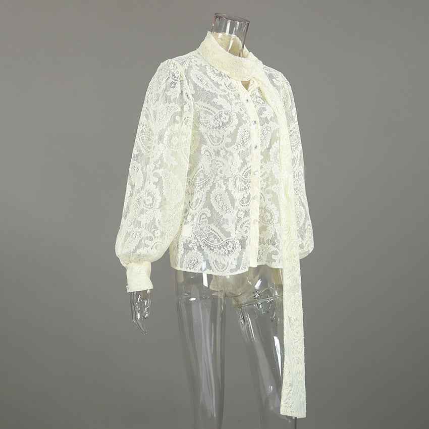 French Ribbon See through Cutout Blouse