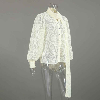 French Ribbon See through Cutout Blouse