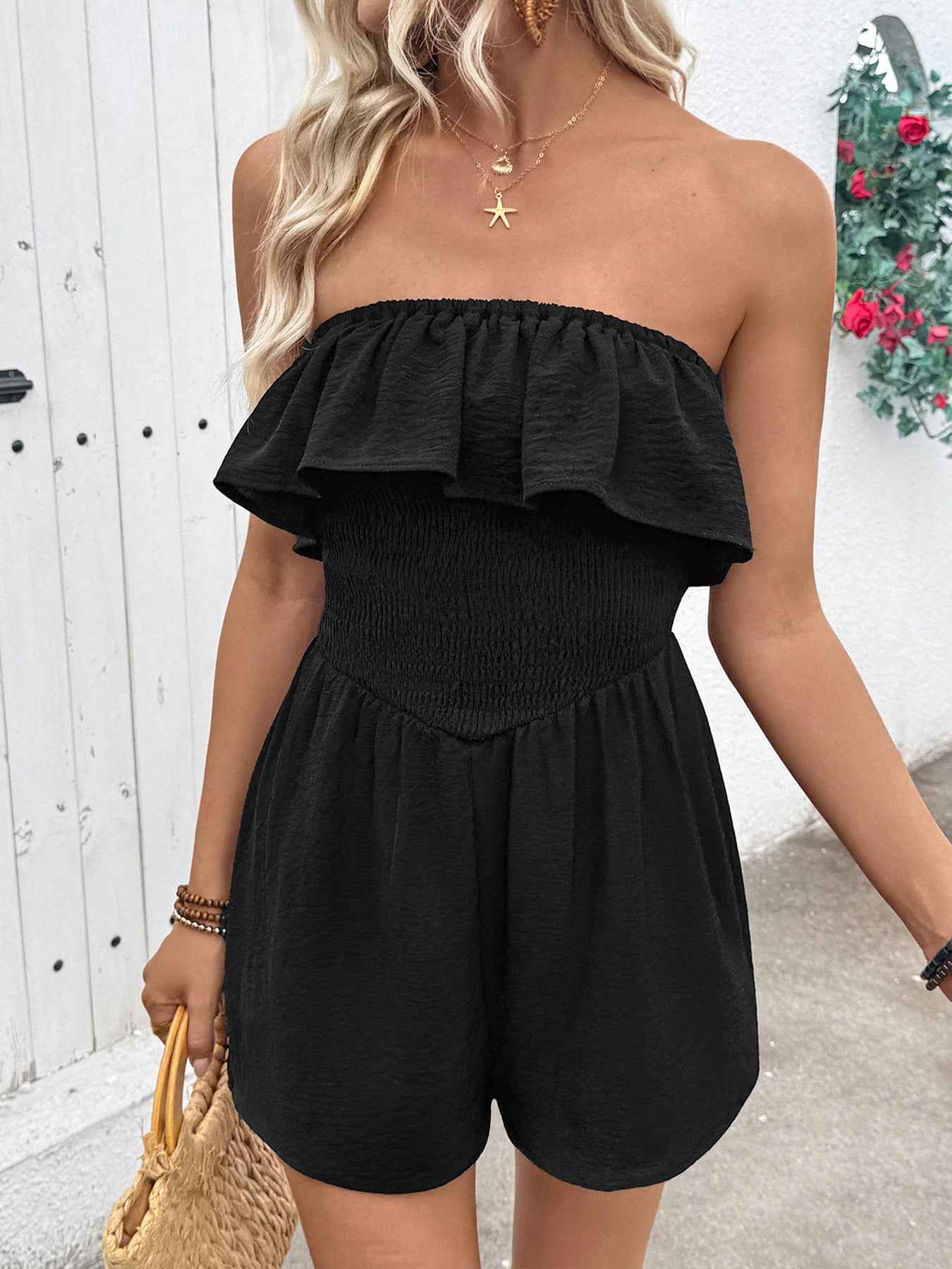 Tube Top Ruffled Smock Romper