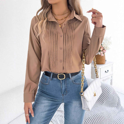 Elegant Pleated Solid Color Button Blouse