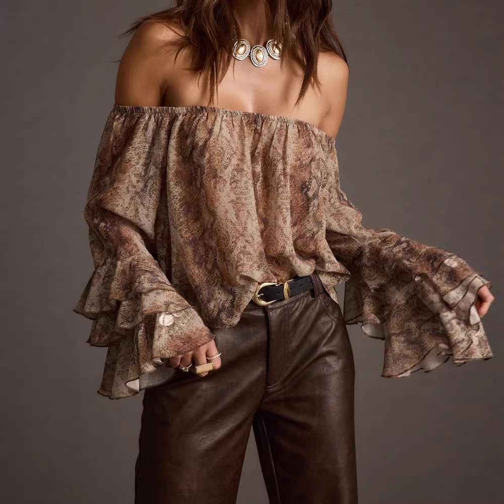 Women's Casual Printed off Shoulder Chiffon Blouse