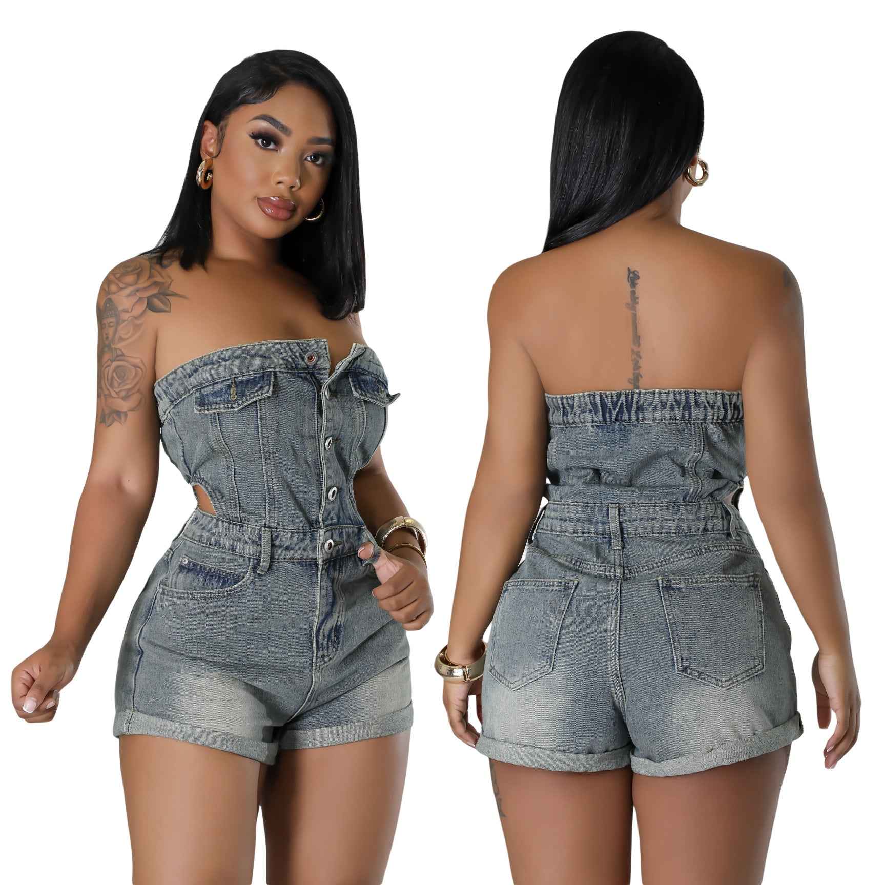 Casual Tube Top Women's Clothing Slim Fit Denim Jumpsuit