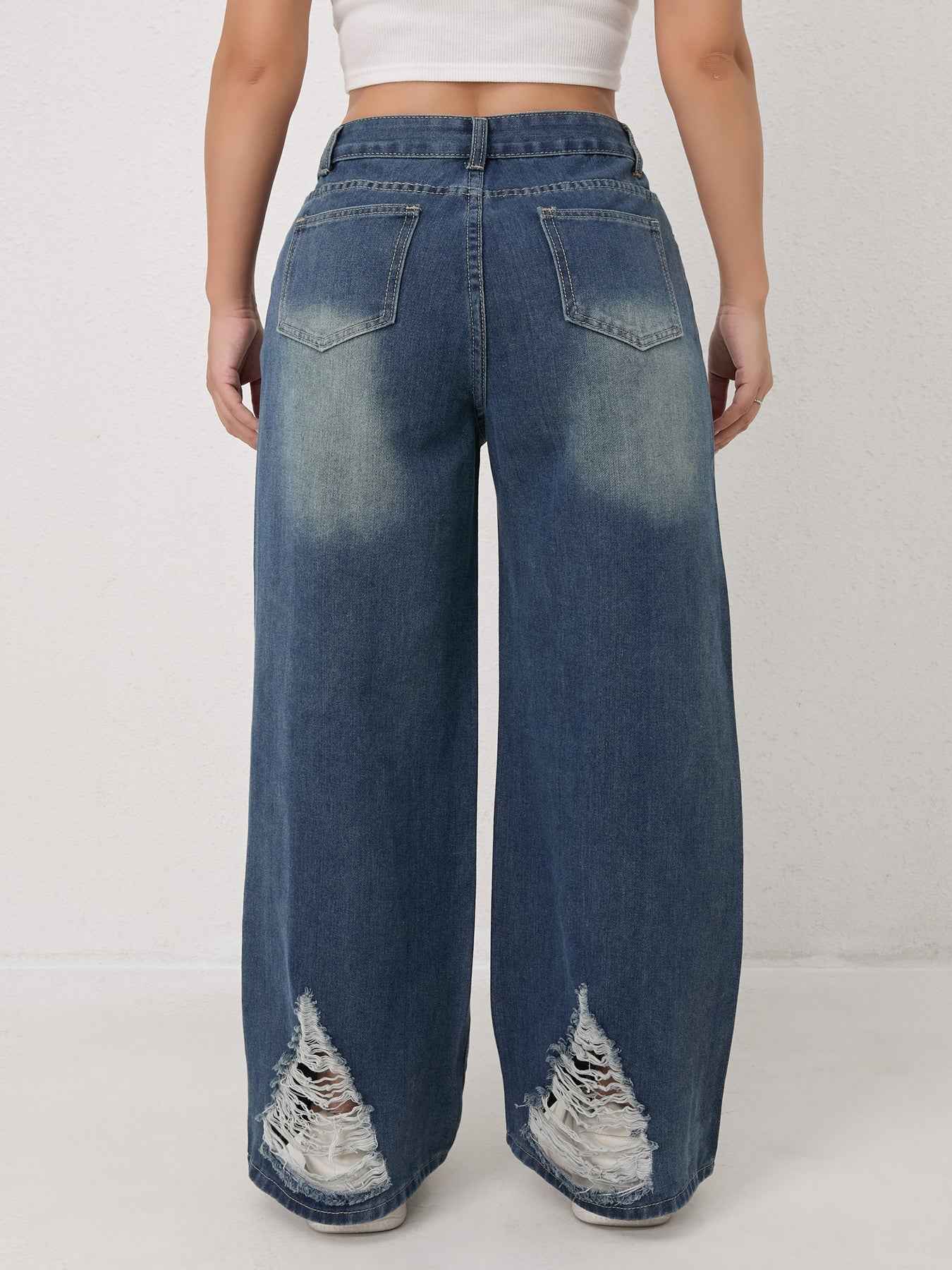 Distressed Worn Wide Leg Jeans