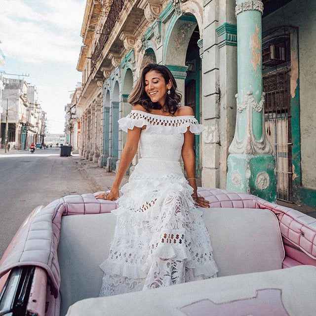 Ruffled Hollow Out Cutout Wide Hem Lace Long Dress