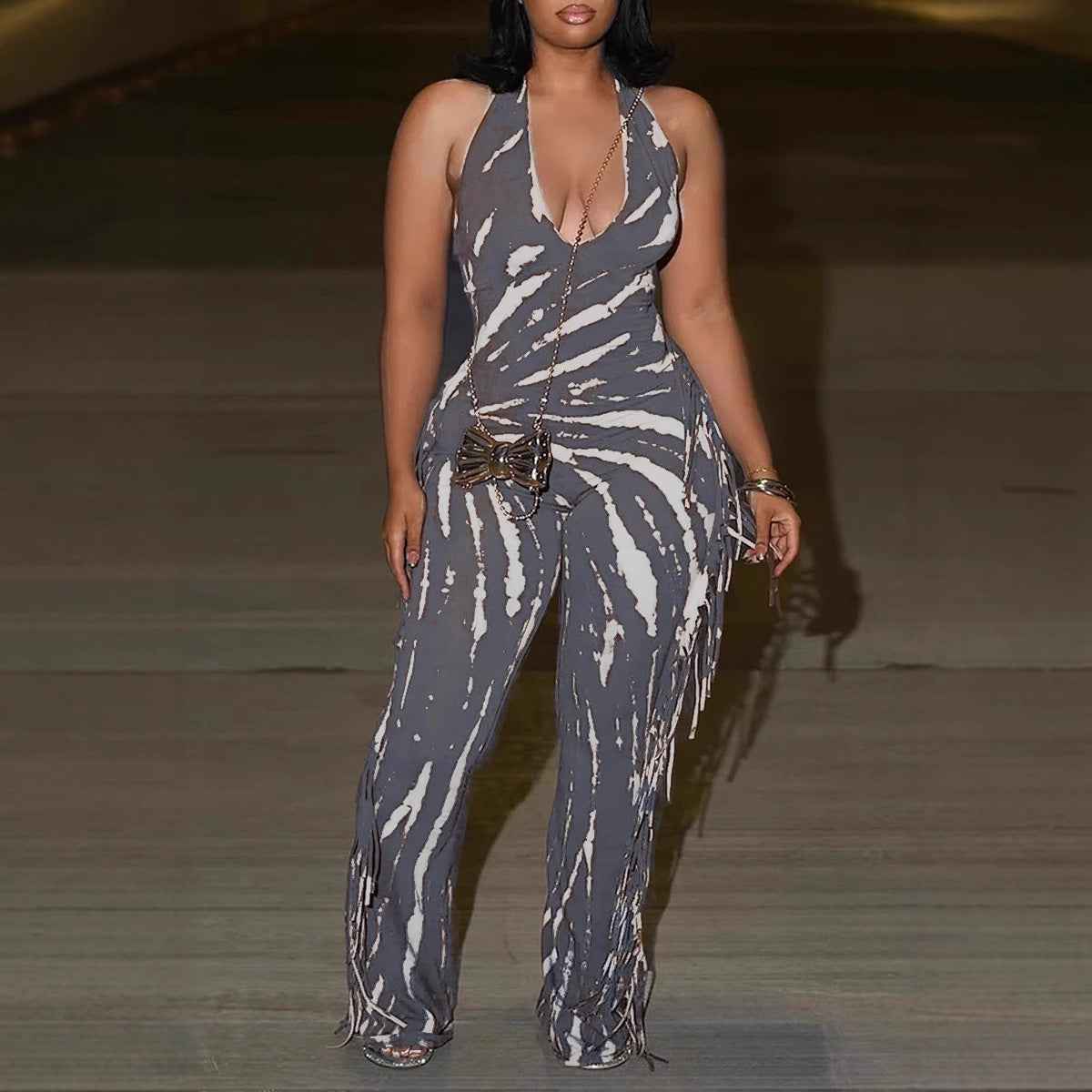 Elegant Sexy Slim Fit Stretch Backless Tassel Printed Halter Strap Micro Pull Jumpsuit