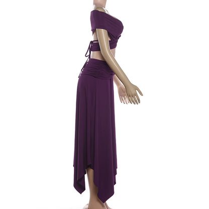 Low Cut Solid Color Irregular Asymmetric Skirt Set MUNSIEUR New Arrivals