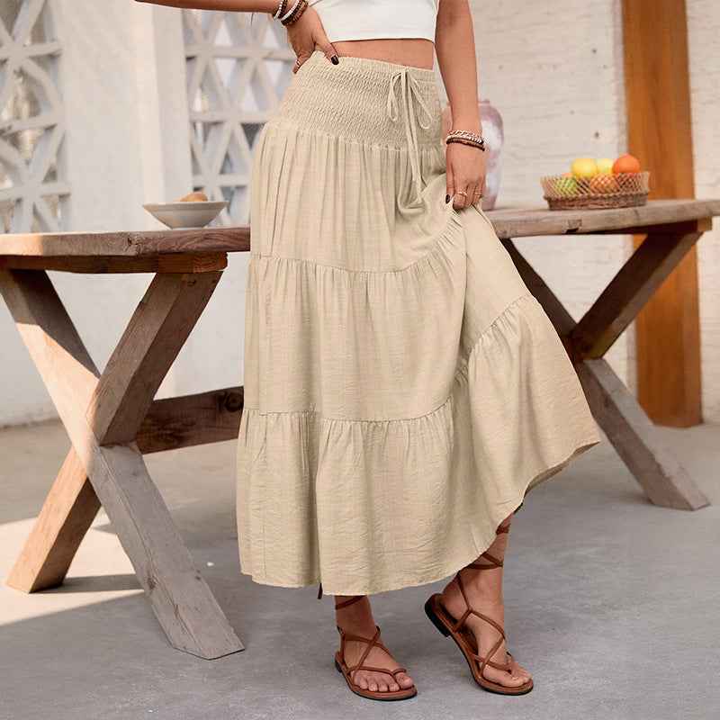Boho Style Elastic Waistband Solid Color Wide Hem Skirt