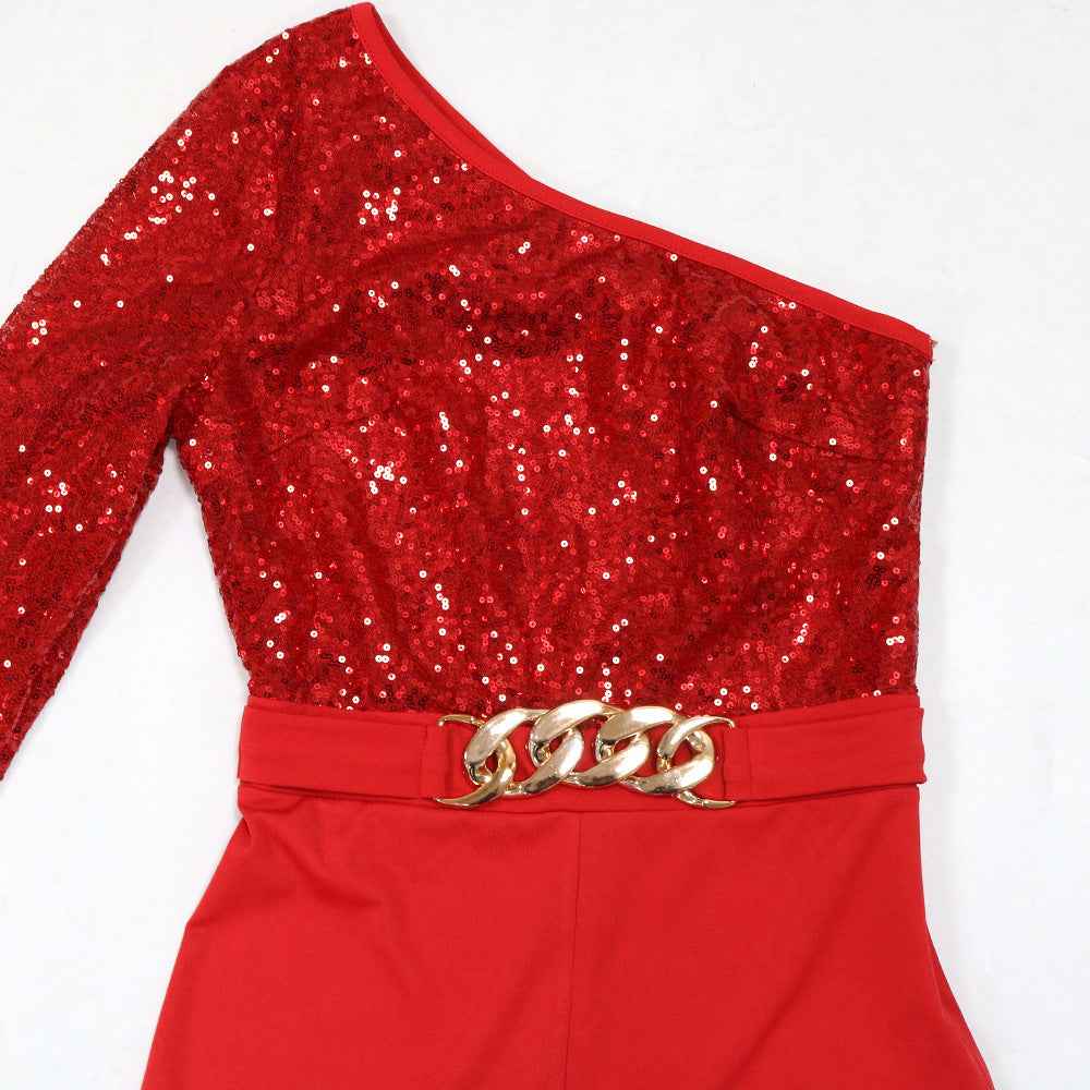 Shoulder Sleeve Sequin Stitching Jumpsuit
