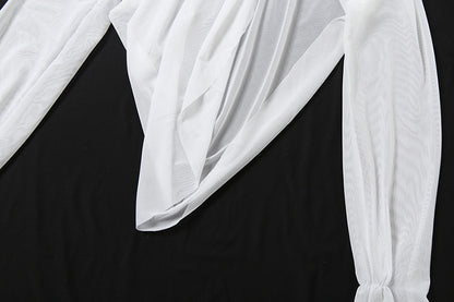 See through Turtle Bell Sleeve Split Skirt Set
