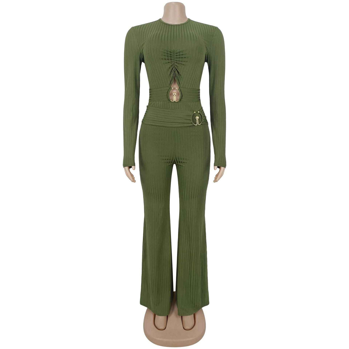 Autumn Drop Sunken Stripe Hollow Out Casual Jumpsuit for Women MUNSIEUR