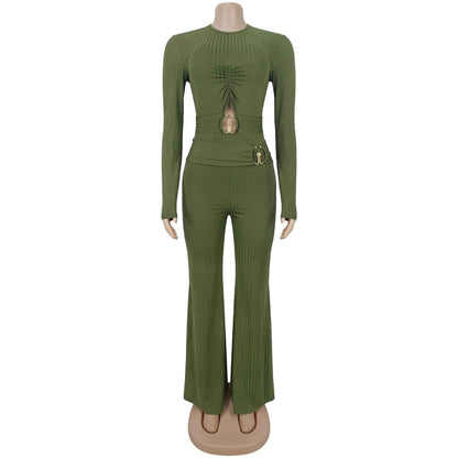 Autumn Drop Sunken Stripe Hollow Out Casual Jumpsuit for Women MUNSIEUR