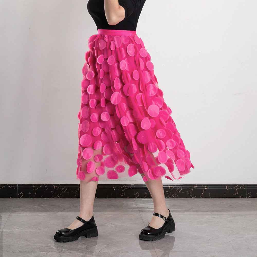 Three Dimensional Patch Stitching Mesh Women Midi Skirt