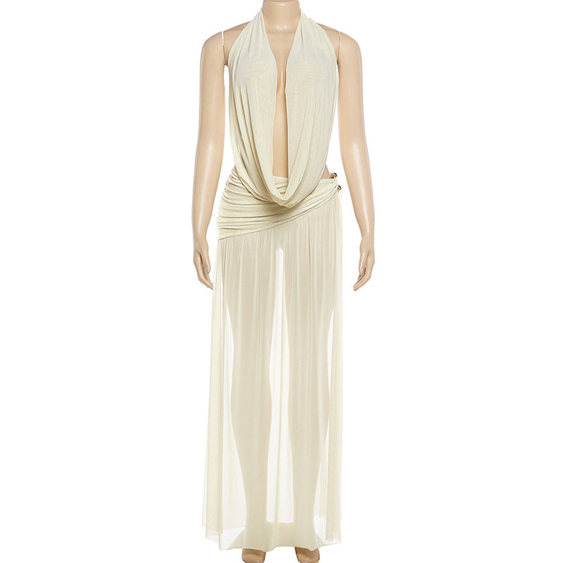 Halter Backless High Split Skirt Set