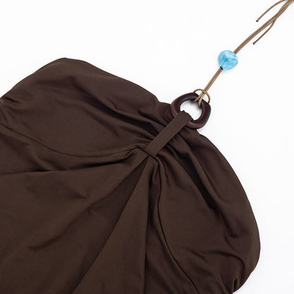 Spring Solid Color Pleated Backless Halter Sling Top T-shirt for Women