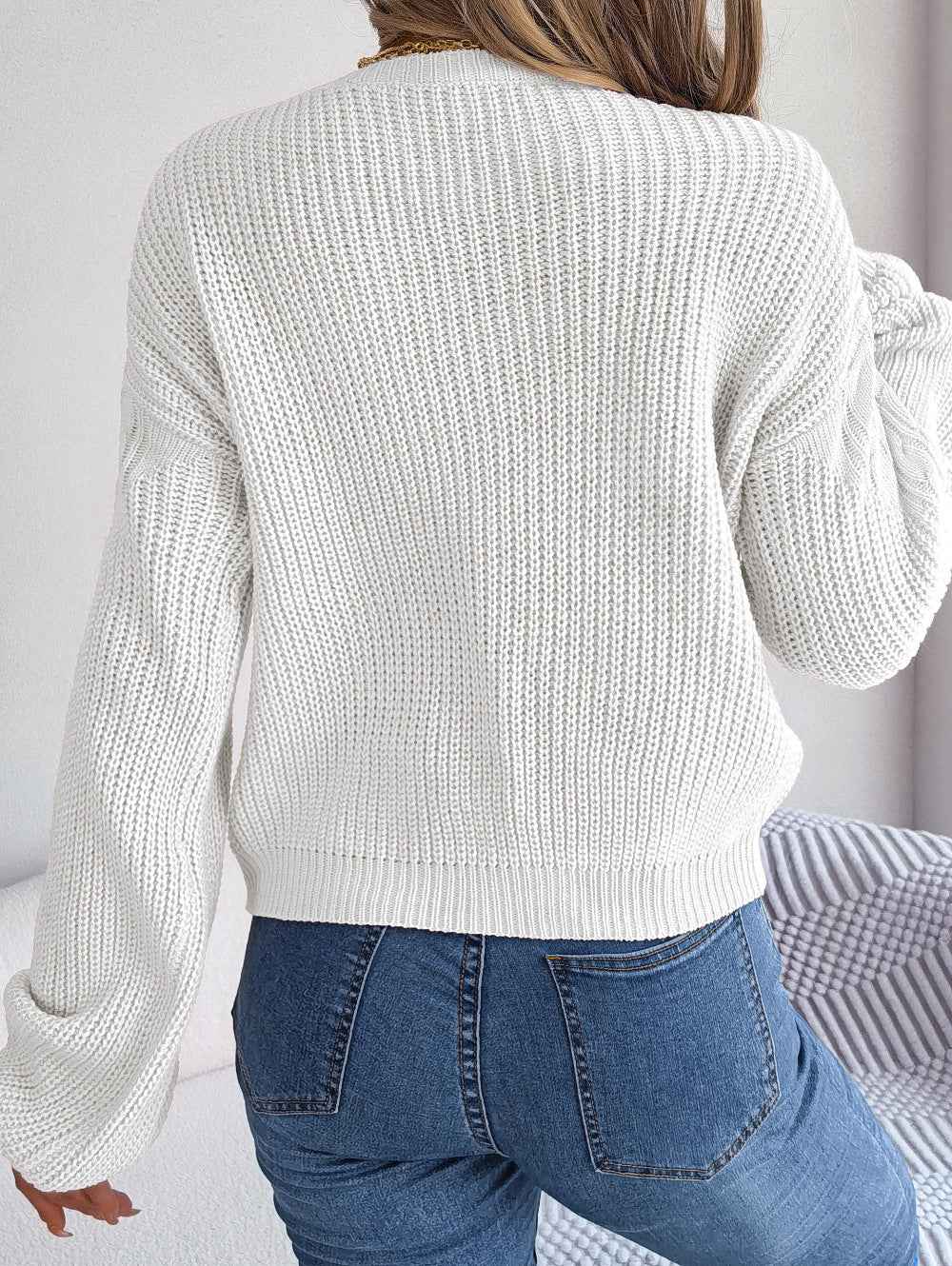 Casual Twist Patchwork Puff Sleeve Pullover Sweater