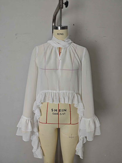 See through Ruffled Long Sleeve Blouse for Women
