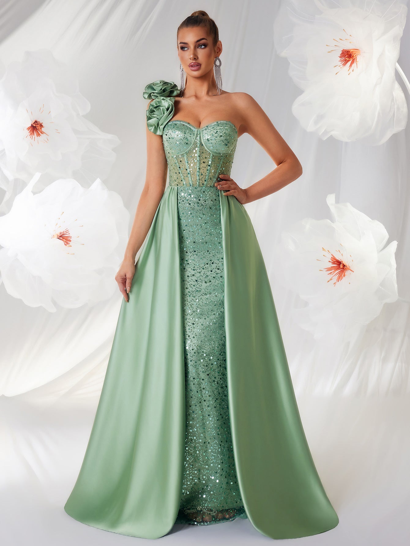 "The Socialite" Elegant Green Tube Top One Shoulder Evening Dress Three Dimensional Floral Pattern