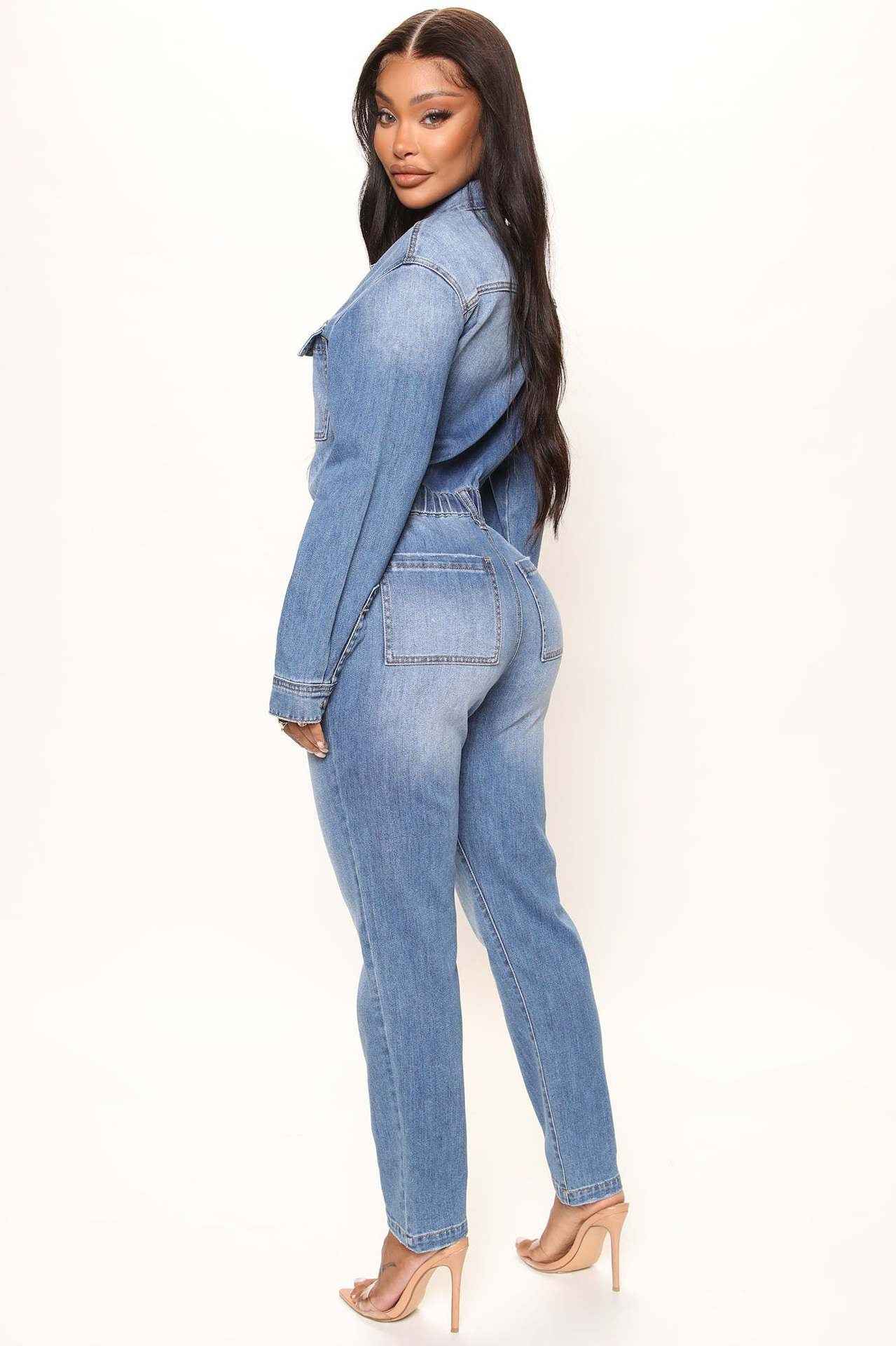 Women's Slim Elastic Band Washed Denim Jumpsuit