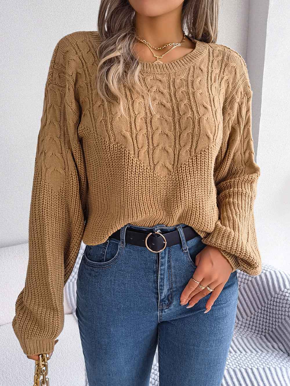 Casual Twist Patchwork Puff Sleeve Pullover Sweater
