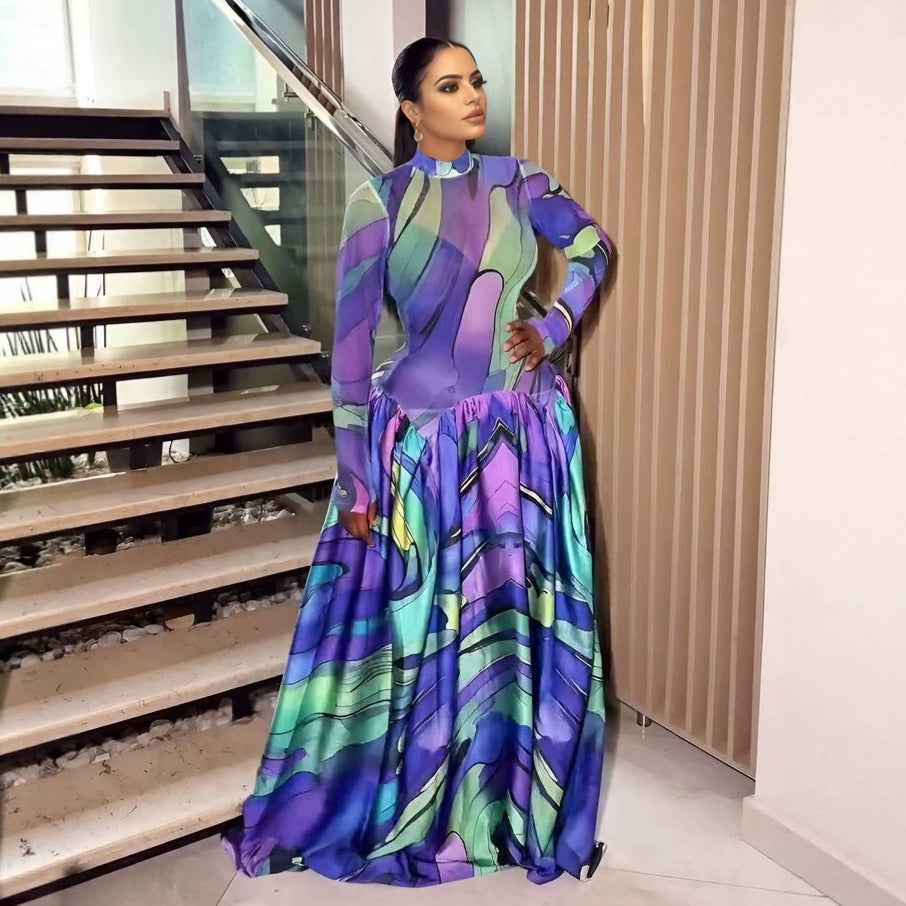 Summer Mesh Floral Print Dress Abstract Flowy Boho Style