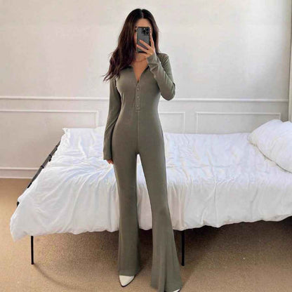 Polo Collar Knitted Long Sleeved Jumpsuit for Women