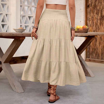 Boho Style Elastic Waistband Solid Color Wide Hem Skirt