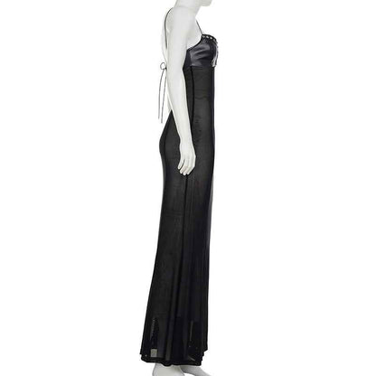 Mesh Leather Slim Fit Patchwork Wrapped Dress