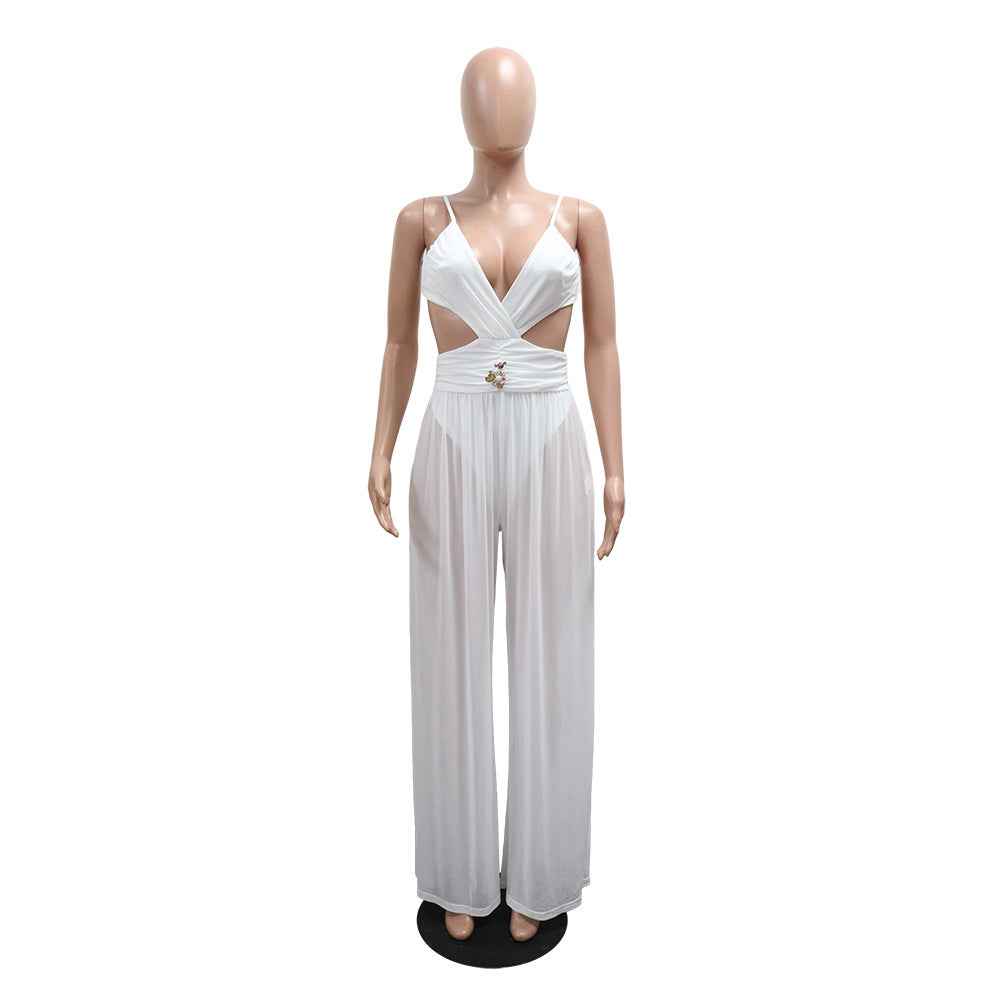 Sexy V neck Lace up Backless See through Sexy Jumpsuit Women