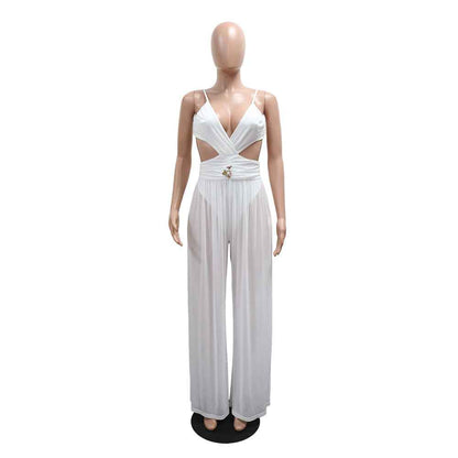 Sexy V neck Lace up Backless See through Sexy Jumpsuit Women