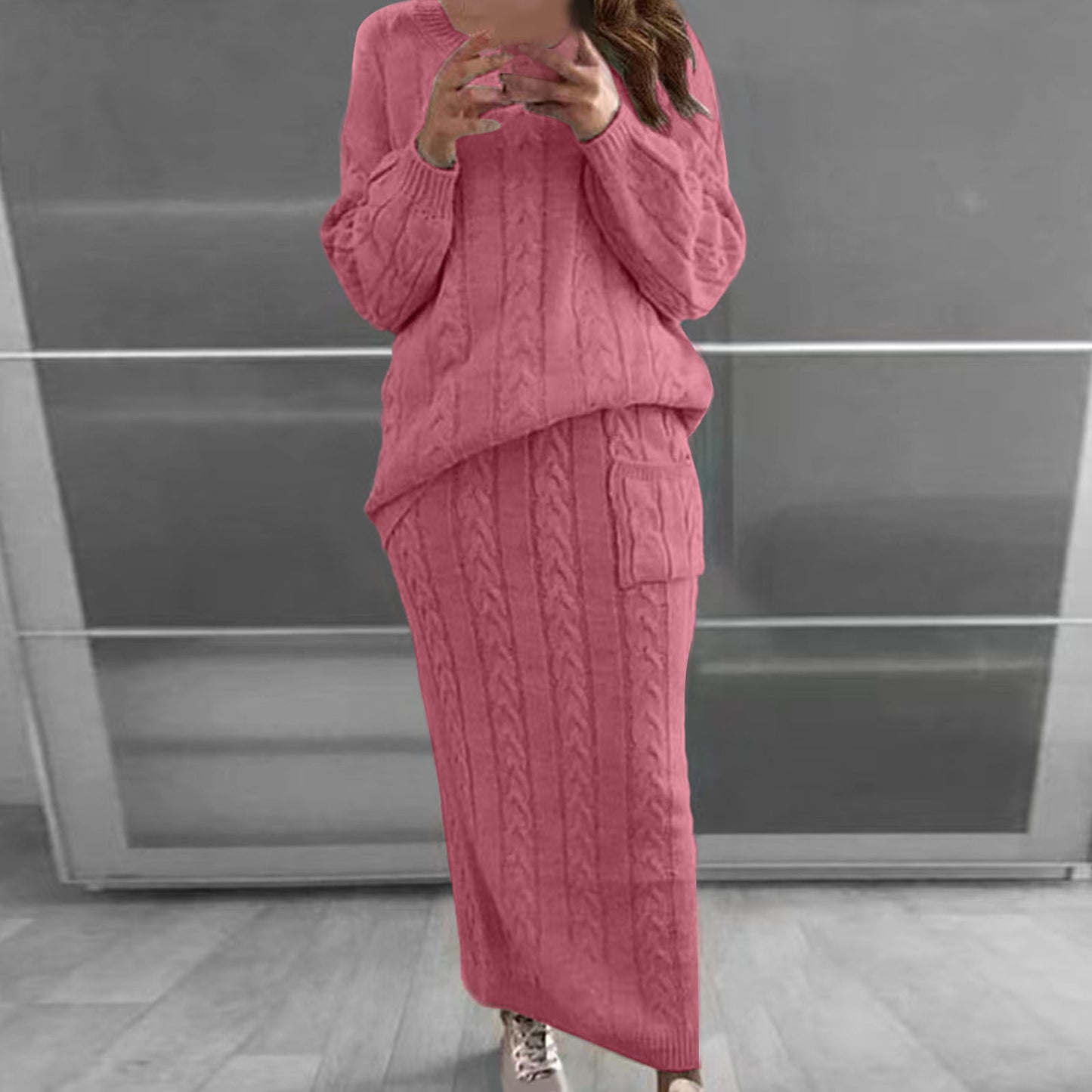 Women's Fashion Twist Flower Needle Sweater 2pc Skirt Women