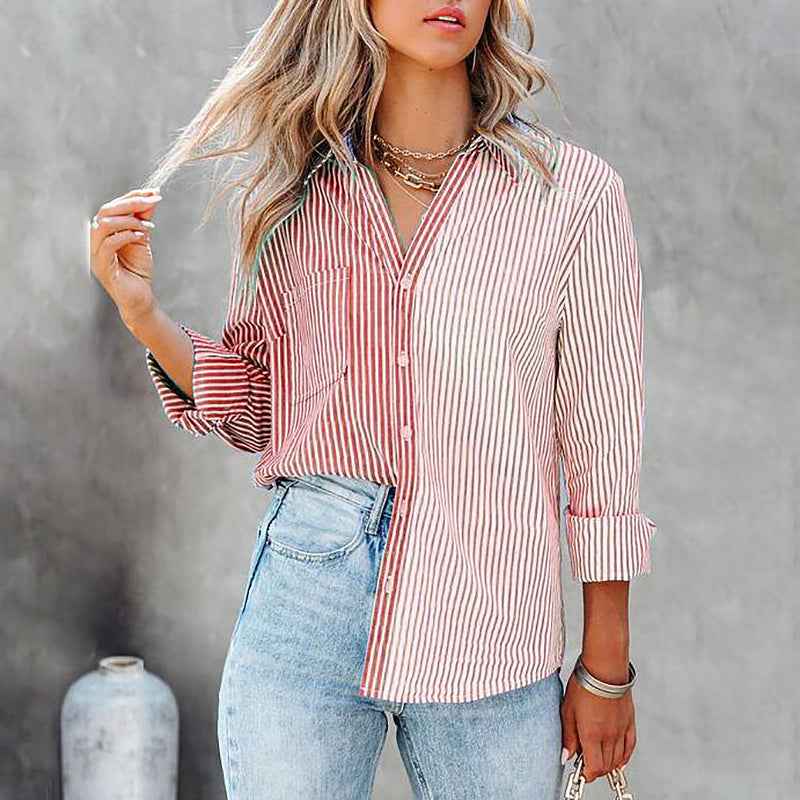 Striped Color Contrast Cardigan Blouse