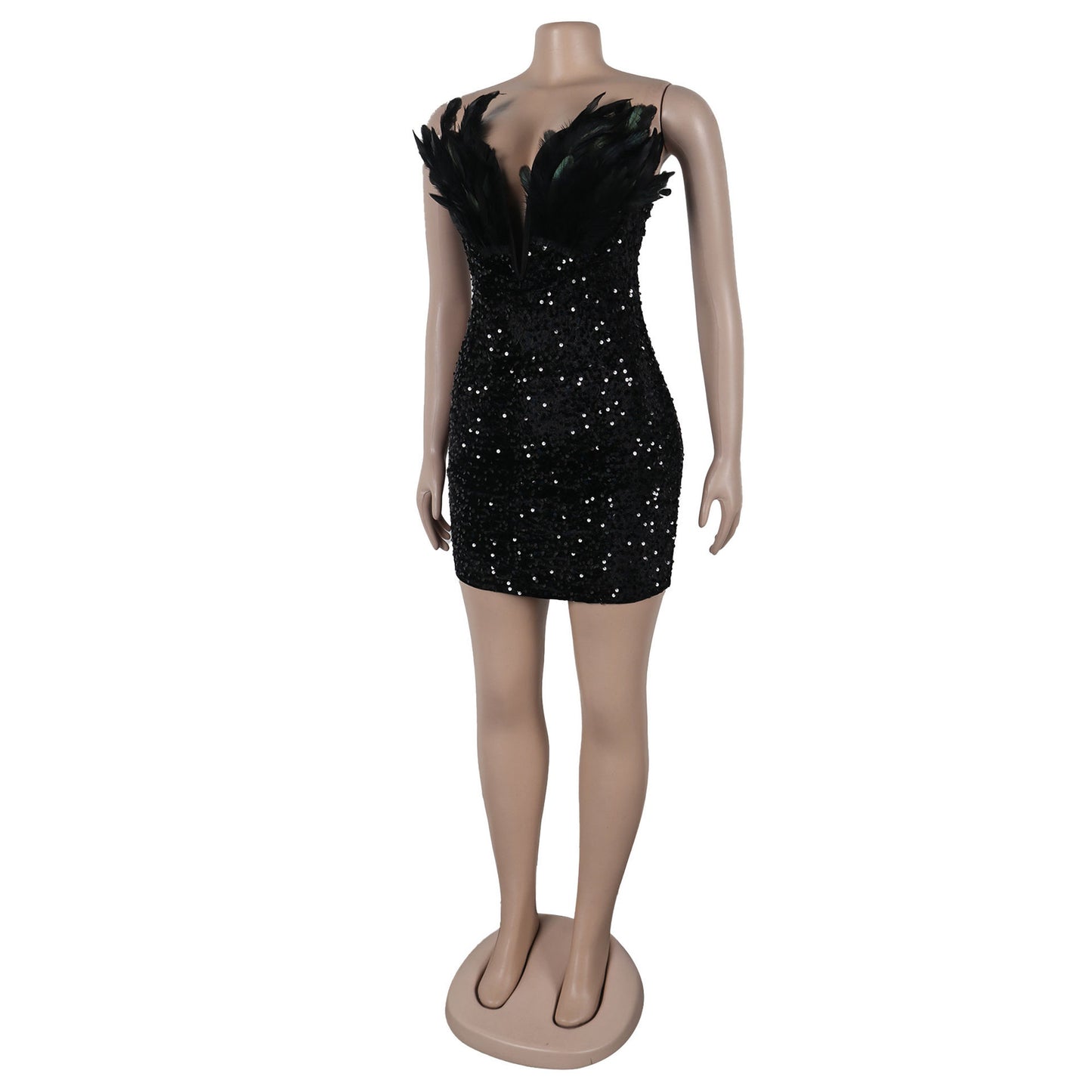Sequin Deep V Plunge Feather Dress MUNSIEUR