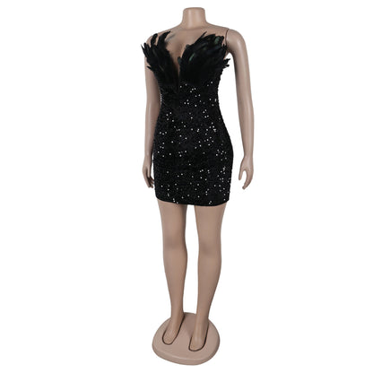 Sequin Deep V Plunge Feather Dress MUNSIEUR