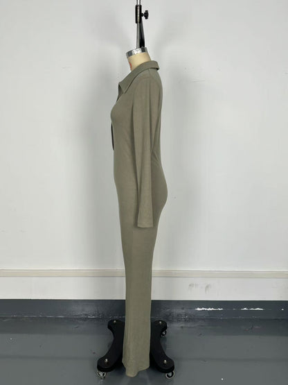 Polo Collar Knitted Long Sleeved Jumpsuit for Women