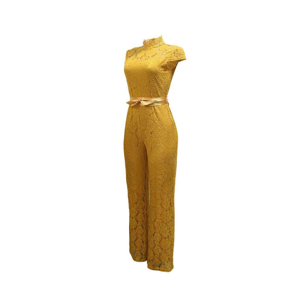 Round Neck Short Sleeve Lace Jumpsuit Wide Leg Pants Women Solid Color Trousers